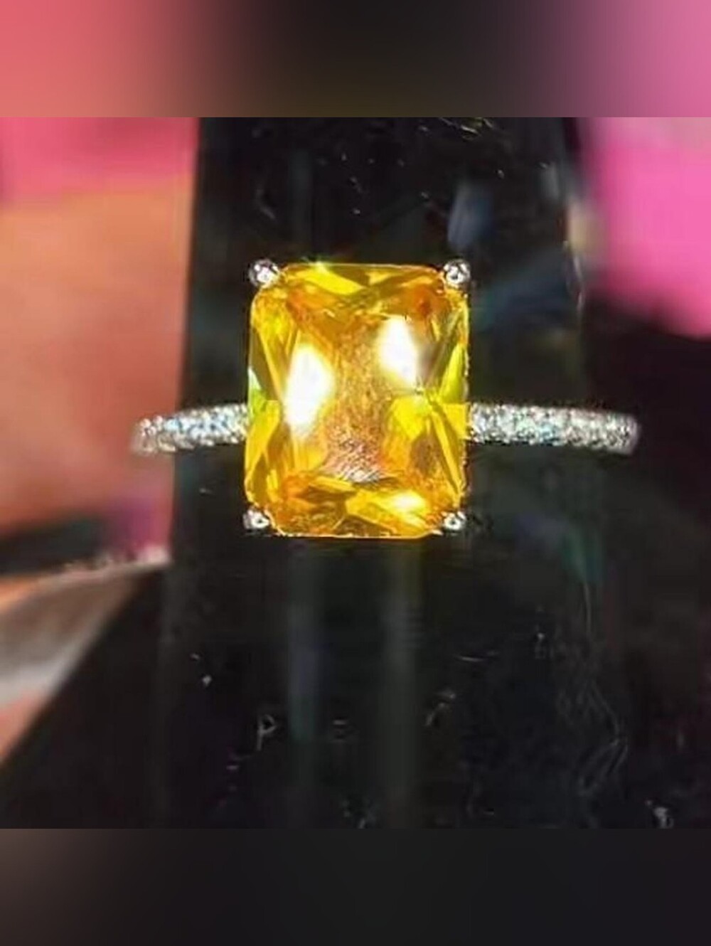 Elegant Dark Yellow Gemstone Ring with Pavé Band Sz. 7